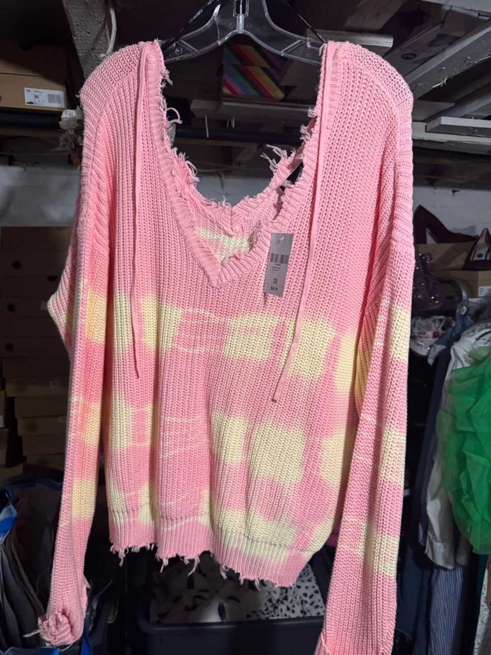 Forever 21 Pink and Yellow Distressed Off-the-Shoulder Sweater